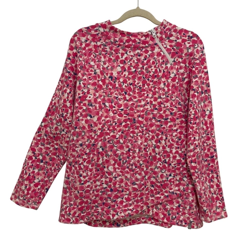 T by Talbots Pullover Women L Pink Abstract Dot Zip Neck Tulip Hem Top
